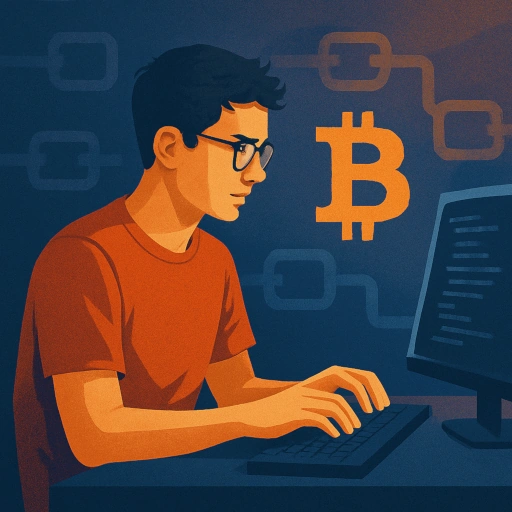 Bir bilgisayar başında kod yazan, odaklanmış genç bir yazılımcı. Arka planda soyut blok zinciri desenleri veya Bitcoin logosu.
