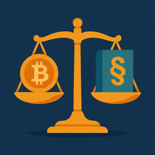 Bir terazi figürü. Terazinin bir kefesinde Bitcoin veya blok zinciri sembolü, diğer kefesinde ise bir kanun kitabı veya paragraf (§) sembolü.