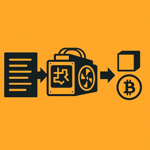 Bir tarafta bekleyen işlem verileri, ortada karmaşık bir bulmaca (matematiksel problem) çözen bir ASIC madenci cihazı görseli ve diğer tarafta blokzincire eklenmiş yeni bir blok ve madencinin aldığı Bitcoin ödülü sembolü olan bir akış şeması.