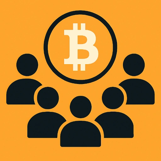 Bir grup insan silüetinin bir Bitcoin sembolü etrafında toplandığını gösteren basit bir ideogram.