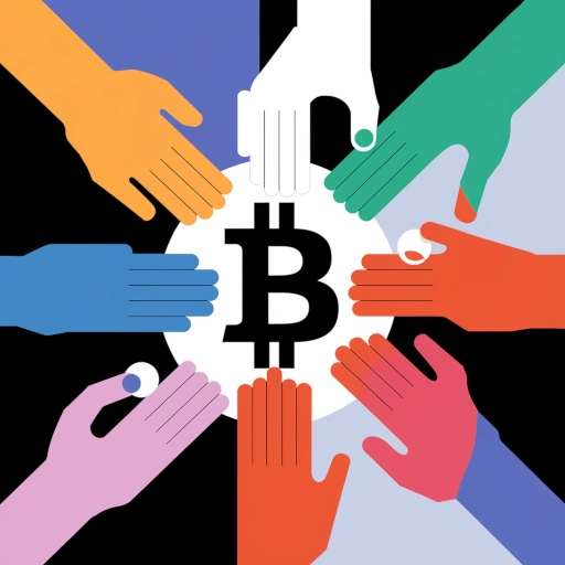 Birbirine kenetlenmiş farklı renklerde ve şekillerde (kullanıcı, madenci, düğüm, geliştiriciyi simgeleyen) elleri veya bir yapbozun farklı aktörleri temsil eden parçalarının birleşerek Bitcoin sembolünü oluşturduğunu gösteren bir ideogram.