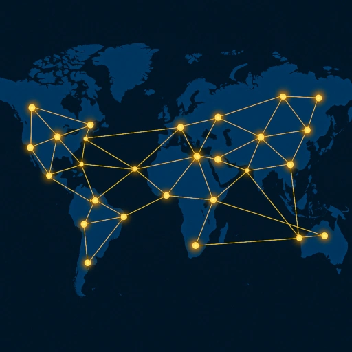 Dünyanın farklı kıtalarına yayılmış, birbirine bağlı ışıklı noktaları (düğümleri) gösteren bir dünya haritası.