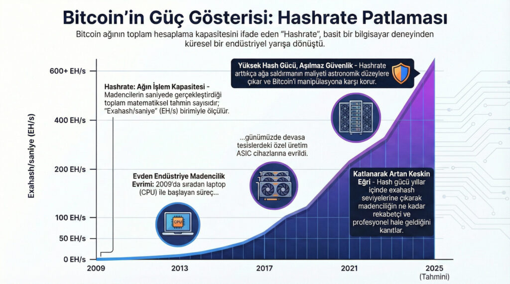 Bitcoin Ağı Hash Gücü (Hashrate) grafiği. Yıllara göre toplam hash gücünün (exahash/saniye cinsinden) katlanarak nasıl arttığını gösteren keskin bir yükseliş eğrisi, madenciliğin ne kadar rekabetçi hale geldiğini görselleştirir.