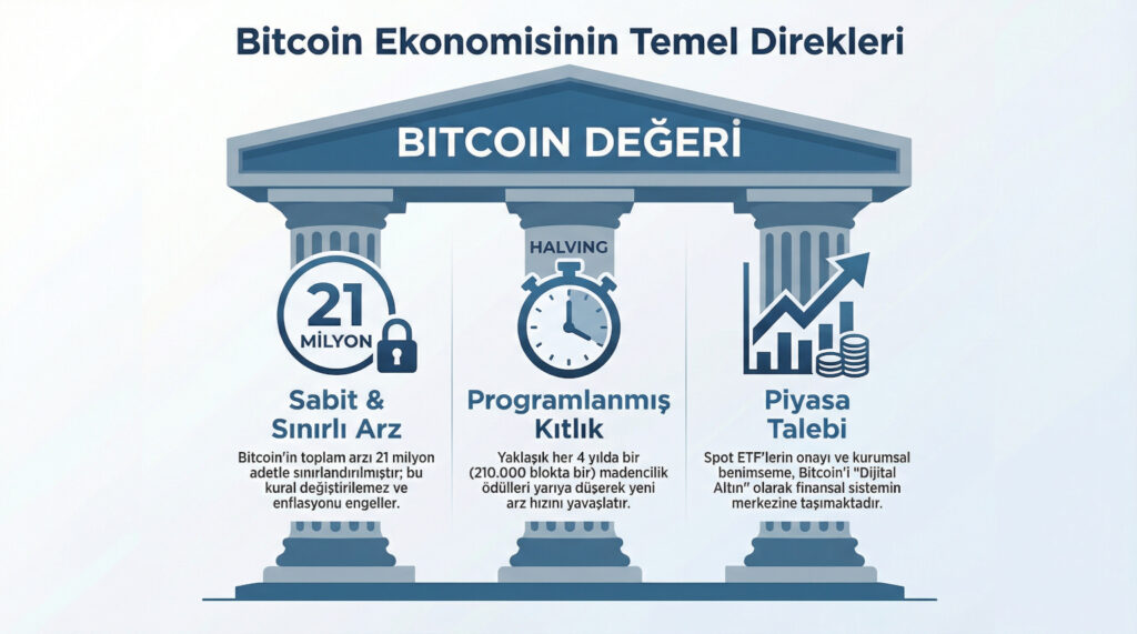 "Bitcoin Ekonomisinin Temel Direkleri" başlıklı bir infografik. Üç sütun üzerinde yükselen bir tapınak çatısı (Bitcoin Değeri) çizilsin. Sütunlar: "Sabit & Sınırlı Arz" (21 milyon yazılı bir sütun), "Programlanmış Kıtlık" (Yarılanma takvimi olan bir saat), "Piyasa Talebi" (yükselen bir grafik çizgisi). Bu, Bitcoin değerinin dayandığı temelleri özetler.