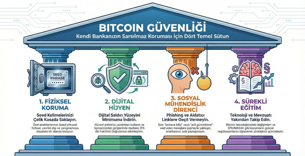 "Bitcoin Güvenliğinin Temel Sütunları" başlıklı bir infografik. Bir tapınak çatısını (Güvenlik) taşıyan dört sütun gösterilsin: "Fiziksel Koruma" (Çelik kasada seed), "Dijital Hijyen" (Antivirüs, 2FA), "Sosyal Mühendislik Direnci" (Phishing'e kapalı kafası) ve "Sürekli Eğitim" (Kitap okuyan bir beyin). Bu, bütünsel yaklaşımı vurgular.