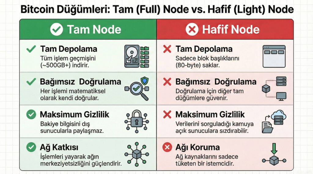 İki sütunlu bir karşılaştırma tablosu. Sol sütunda "Tam Node" için depolama, RAM, katkı gibi maddeler ve yeşil tik işaretleri; sağ sütunda "Hafif Node" için aynı maddeler ve kırmızı çarpı işaretleri. Bu, farkı anında gözlemlemeyi sağlar.