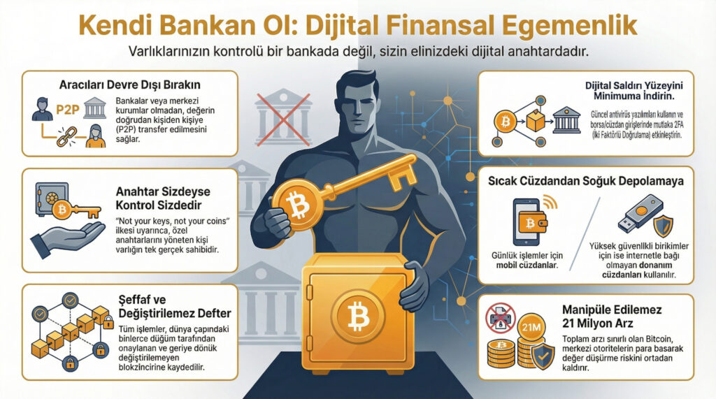 "Kendi Bankan Ol" başlıklı minimalist bir çizim. Bir kişinin elinde kendi kasasının anahtarını tuttuğu, arka planda dijital ve geleneksel banka binalarının silüetlerinin olduğu bir illüstrasyon. Bu, kontrolün tamamen kullanıcıda olduğu fikrini güçlü bir şekilde görselleştirir.