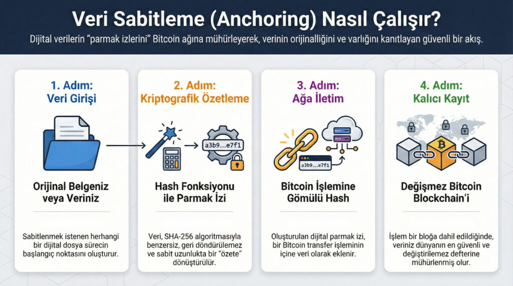 "Veri Sabitleme Nasıl Çalışır?" başlıklı basit bir akış diyagramı. Solda "Orijinal Belgeniz" (bir dosya simgesi), ortada "Hash Fonksiyonu" (bir sihirli değnek/hesap makinesi), sağda "Bitcoin İşlemine Gömülü Hash" (bir zincir halkası içinde küçük kod) ve en sağda "Değişmez Bitcoin Blockchain'i" gösterilebilir. Bu, süreci tek bakışta anlamayı sağlar.