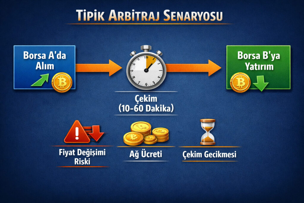 İki borsa arasındaki tipik bir arbitraj senaryosunu gösteren akış şeması. Kutuları şunları içerir: A Borsasından Al, Çekim (10-60 dk), B Borsasına Yatır, Sat. Riskleri vurgula: fiyat değişimi, ağ ücreti, çekim gecikmesi. Türkçe etiketler.
