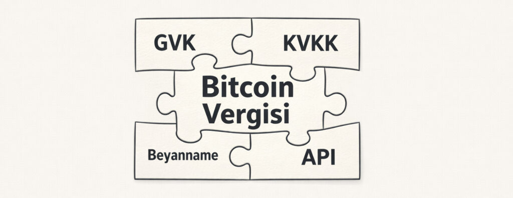 Başlık altında, üzerinde "GVK", "KVKK", "Beyanname", "API" gibi kelimelerin yazılı olduğu kağıt parçalarından oluşan bir puzzle'ın, "Bitcoin Vergisi" şeklinde bir araya geldiği minimalist bir çizim. Bu, konunun farklı parçalarının birleşiminden oluştuğunu simgeler.