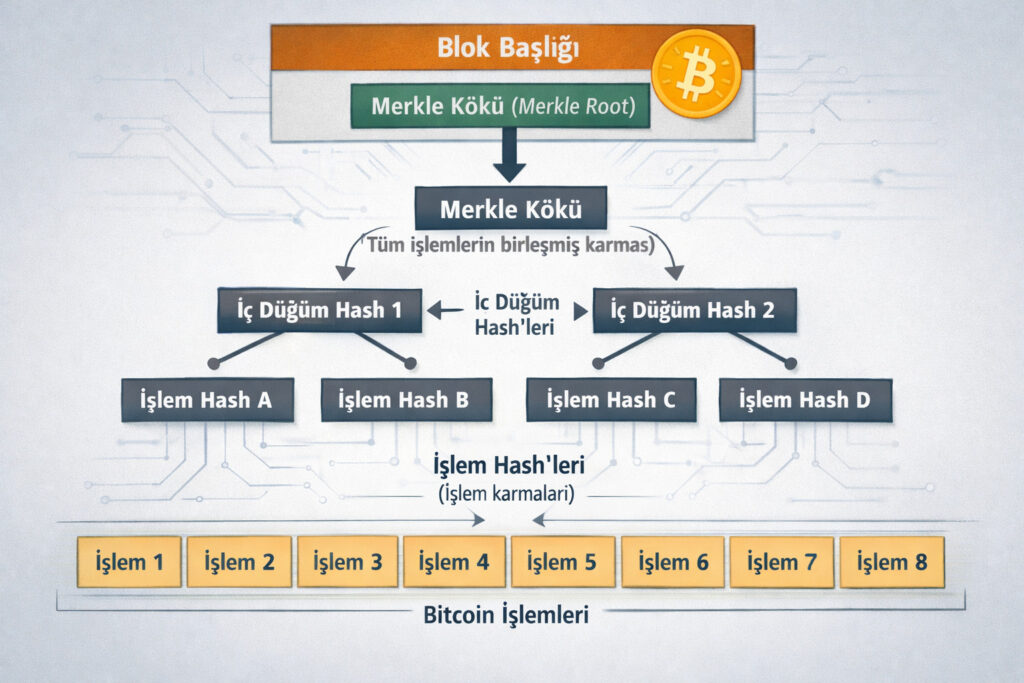 Bir Bitcoin bloğu için Merkle Ağaç yapısını açıklayan resimli diyagram, altta 8 işlem göstererek, blok başlığındaki tek Merkle Köküne doğru dallanma, her adımı açıklayan Türkçe notlarla