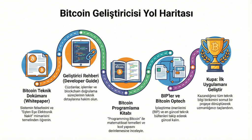 Bir Bitcoin geliştiricisi için resimli bir öğrenme yolu, 'Bitcoin Teknik Raporu' ile başlayarak 'Geliştirici Rehberi'ne, ardından 'Bitcoin Programlama' kitabına, sonra 'BIP'ler'e ve 'Bitcoin Optech'e doğru ilerleyerek, sonunda 'İlk Uygulamanı Oluştur' yazılı bir kupa ile, tamamı Türkçe olarak