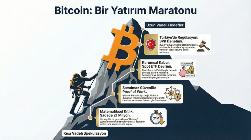 Başlık görseli olarak, bir dağcının Bitcoin logosu şeklindeki dik bir dağa tırmandığı minimalist bir çizim. Dağın eteklerinde "Kısa Vadeli Spekülasyon", zirvesinde ise "Uzun Vadeli Hedefler" yazsın. Bu, yatırımın bir maraton olduğu fikrini vurgular.
