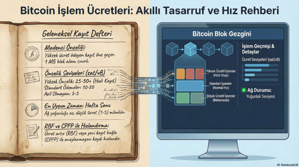 Bir yanda elle yazılmış kayıtlarla geleneksel bir kâğıt defter, diğer yanda Türkçe etiketlerle dijital bir Bitcoin blok gezgini arayüzü gösteren bölünmüş ekran çizimi, eski ve yeni kayıt tutma yöntemleri kavramını görsel olarak birleştirerek