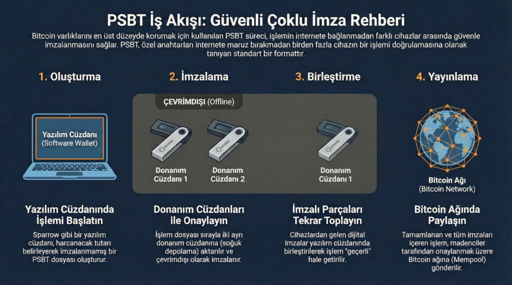 Bir yazılım cüzdanı, iki donanım cüzdanı ve son olarak ağa yayınlama arasındaki PSBT (Kısmen İmzalanmış Bitcoin İşlemi) iş akışını gösteren diyagram, her adım için Türkçe etiketler: Oluşturma, İmzalama, Birleştirme, Yayınlama