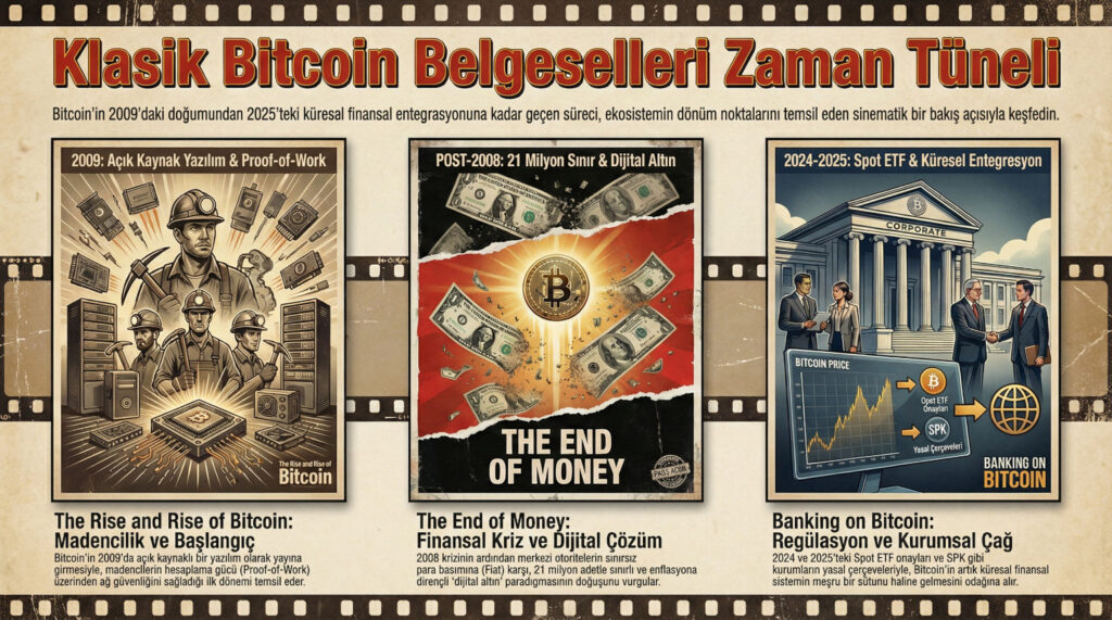 Üç klasik Bitcoin belgeselini özellikli vintage tarzı film afişi kolajı: Madencilerle 'The Rise and Rise of Bitcoin', dağılan dolar faturalarıyla 'The End of Money', düzenleyiciler ve girişimcilerle 'Banking on Bitcoin'. Sıcak, nostaljik film tane efekti. Türkçe başlık: 'Klasik Bitcoin Belgeselleri Zaman Tüneli'.