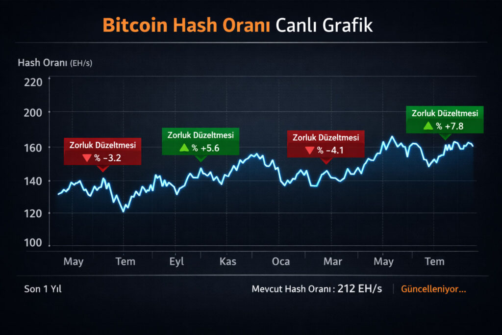 Geçen yıl boyunca Bitcoin'in hash oranını (EH/s) gösteren canlı güncellenen çizgi grafiği, madencilik zorluk ayarlamaları için açıklamalarla. Temiz, koyu temalı kontrol paneli stili. Türkçe başlık: 'Bitcoin Hash Oranı Canlı Grafik'.