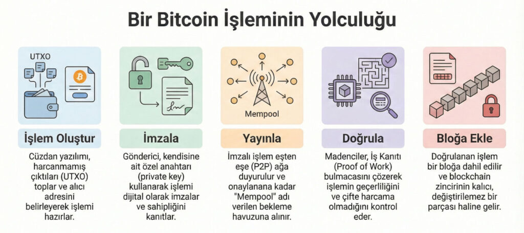 Basit bir akış şeması, bir Bitcoin işleminin nasıl oluşturulduğunu, özel anahtarla imzalandığını, ağa yayınlandığını, madenciler tarafından doğrulandığını ve bir bloğa eklendiğini gösteriyor. Temiz çizgiler, minimal renkler, her adım için Türkçe etiketler: 'İşlem Oluştur', 'İmzala', 'Yayınla', 'Doğrula', 'Bloğa Ekle'.