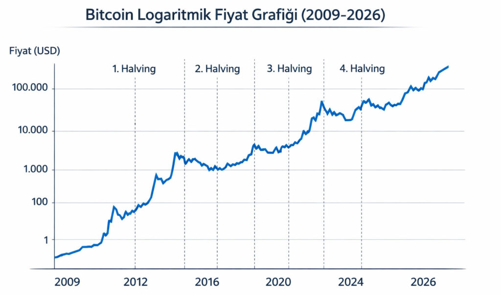 2009'dan 2026'ya kadar Bitcoin'in logaritmik fiyat grafiği, her yarılanma olayını dikey bir çizgiyle vurguluyor. Fiyat sıfıra yakın başlıyor ve mevcut seviyelerde bitiyor. Temiz, profesyonel tasarım. Türkçe başlık: 'Bitcoin Logaritmik Fiyat Grafiği (2009-2026)'.