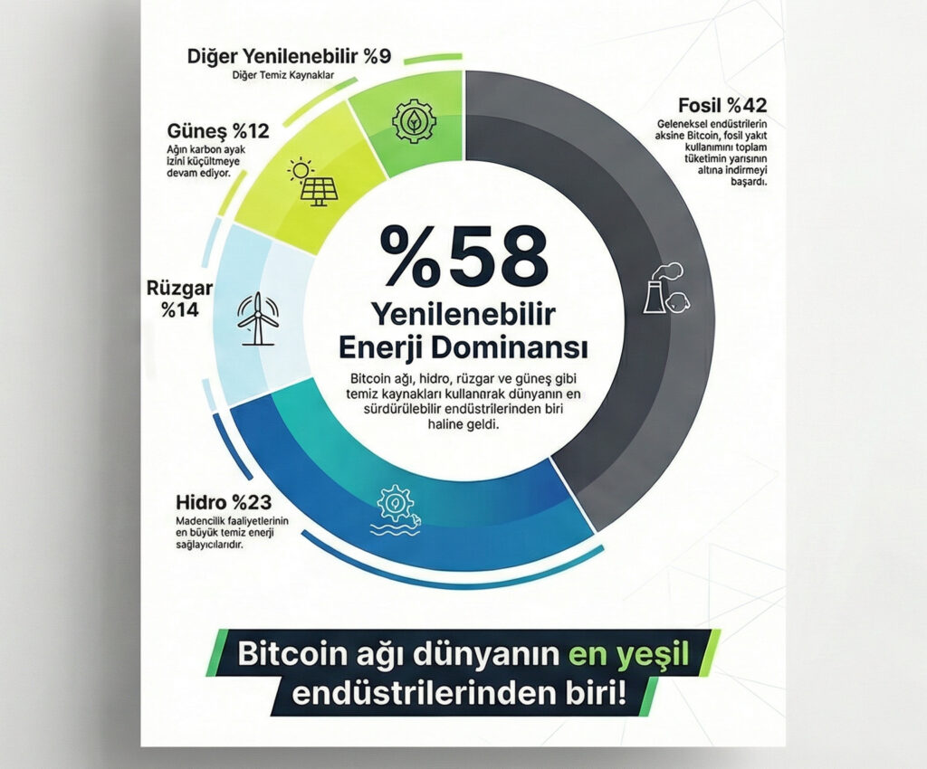 "Bitcoin Madenciliğinde Enerji Karışımı" dairesel grafik: Yenilenebilir %58 (Hidro %23, Rüzgar %14, Güneş %12, Diğer %9), Fosil %42. Yan başlık: "Bitcoin ağı dünyanın en yeşil endüstrilerinden biri!"