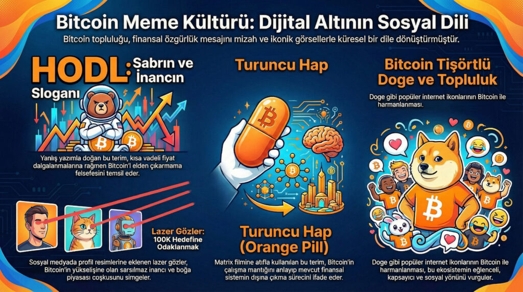 Popüler Bitcoin meme'lerinin koleksiyonu: lazer göz profil resimleri, kalın yazılmış HODL, turuncu hap, Bitcoin tişörtlü doge. Renkli, eğlenceli stil. Türkçe metin: 'Bitcoin Meme Kültürü'.