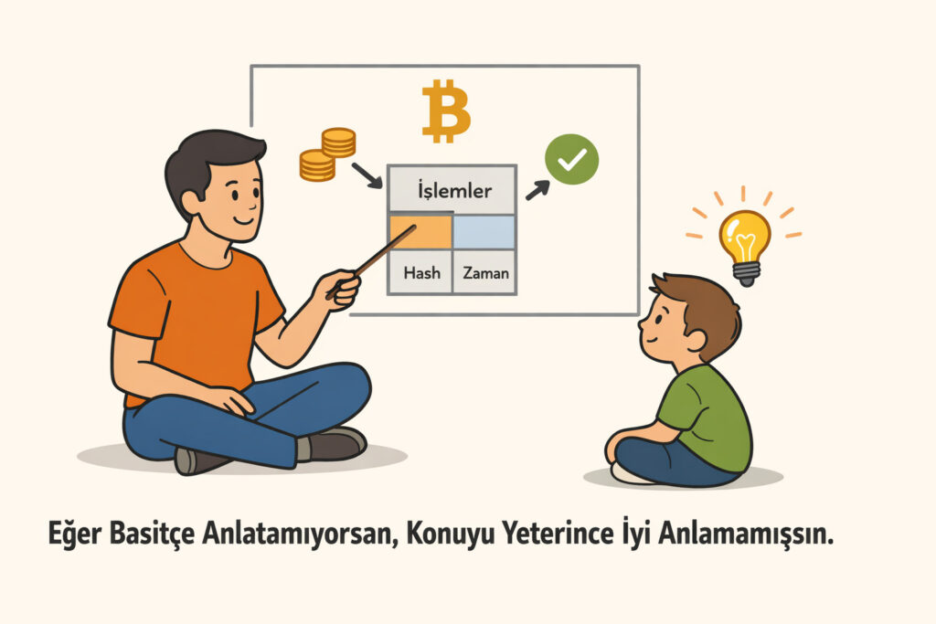 Bitcoin öğrenimine uygulanan Feynman Tekniği'nin minimalist bir resmi. Bir kişinin karmaşık bir Bitcoin diyagramını (bir blok gibi) basit şekiller kullanarak bir çocuğa açıkladığını ve çocuğun başının üzerinde bir ampul anı gösterildiğini göster. Türkçe metin: 'Basitçe Açıklayamıyorsan, Yeterince Anlamamışsın Demektir'