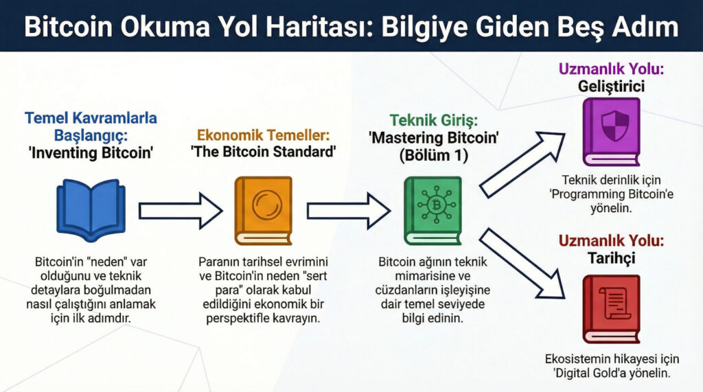 Öğrenme yolu diyagramı: 'Inventing Bitcoin' ile başla -> 'The Bitcoin Standard' -> 'Mastering Bitcoin' (Bölüm 1) -> sonra 'Programming Bitcoin' (geliştirici) ve 'Digital Gold' (tarih) olarak ayrıl. Açık oklar ve kitap simgeleri. Türkçe başlık: 'Bitcoin Okuma Yol Haritası'.
