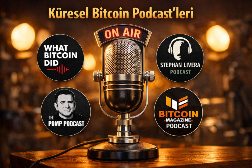 Dört büyük Bitcoin podcast logosuyla vintage radyo mikrofonu: What Bitcoin Did, Stephan Livera Podcast, The Pomp Podcast, Bitcoin Magazine Podcast. Sıcak stüdyo aydınlatması. Türkçe başlık: 'Küresel Bitcoin Podcast'leri'.