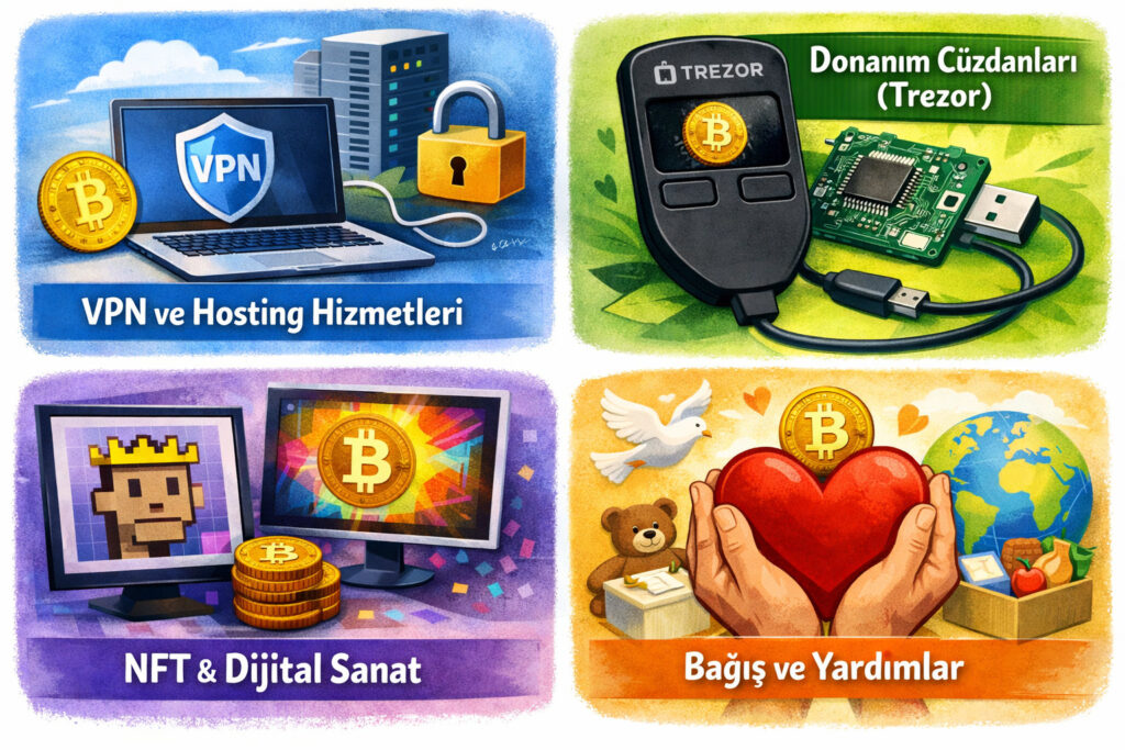 Dört niş Bitcoin satıcı kategorisinin kolajı: 1) VPN ve hosting hizmetleri, 2) Açık kaynak donanım (Trezor), 3) Ordinals/NFT sanatı, 4) Bağış. Her kategori için Türkçe etiketler.