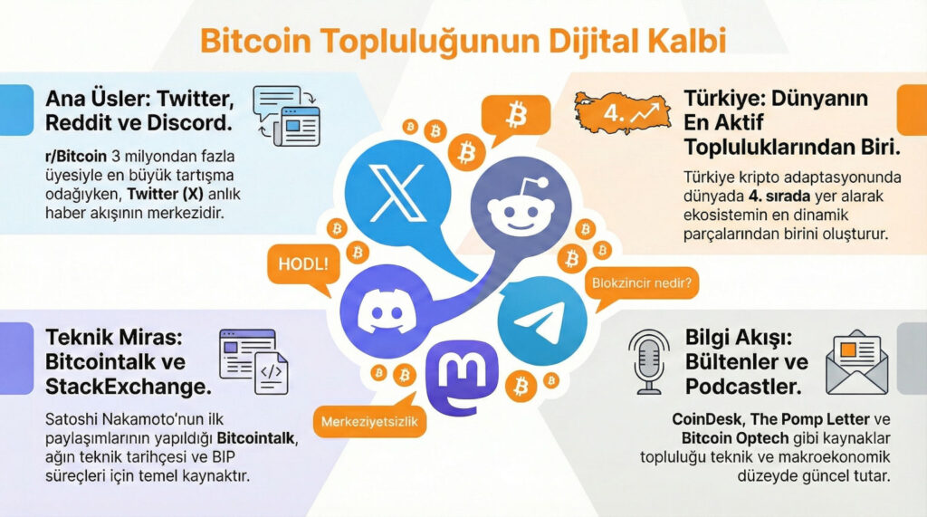 Bitcoin topluluğunda popüler sosyal medya platformlarının kolajı: Twitter logosu, Reddit logosu, Telegram logosu, Discord logosu, Mastodon logosu. Her platform küçük Bitcoin simgeleri ve Türkçe konuşma balonlarıyla çevrili. Modern, temiz tasarım.