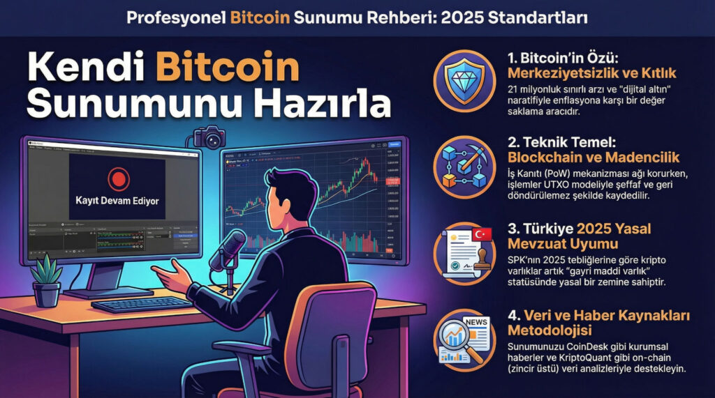 Mikrofon, kamera ve iki monitörle masada oturan bir kişi. Bir monitör OBS Studio arayüzünü gösteriyor, diğeri Bitcoin grafiklerini gösteriyor. Kayıt devam ediyor. Türkçe metin: 'Kendi Bitcoin Sunumunu Hazırla'.