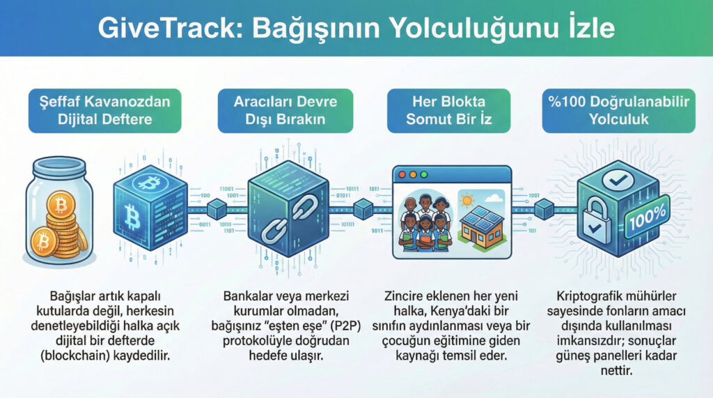 Şeffaf cam kavanoz dijital blockchain defterine dönüşüyor, Bitcoin sembolleriyle. Kenya okul çocukları ve güneş panelleri blockchain bloklarının içinde görünür. Metin katmanı: 'GiveTrack: Bağışının Yolculuğunu İzle'.