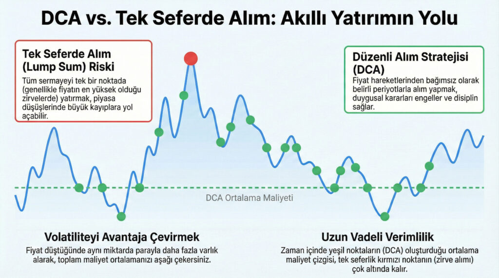 "DCA vs Tek Sefere Alım" başlıklı basit bir çizgi grafik. Dalgalı bir fiyat çizgisi üzerinde, tek seferde zirveden alan bir nokta (kırmızı) ve düzenli aralıklarla alan birden fazla nokta (yeşil) gösterilsin. Zamanla, yeşil noktaların ortalama maliyetinin daha verimli olduğu görülsün.