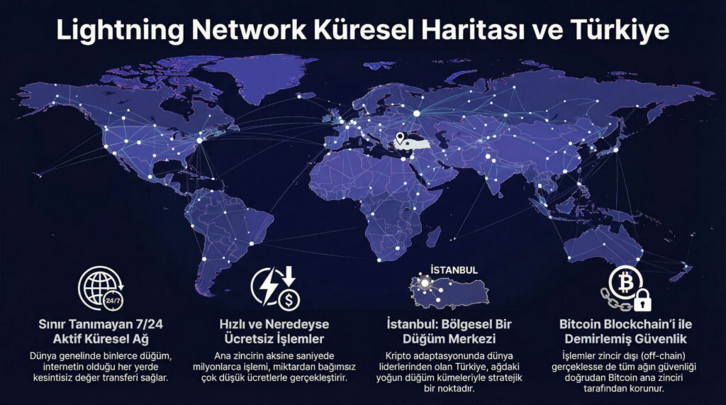 Parlayan noktalar Lightning Network düğümlerini temsil eden dünya haritası. Türkiye, İstanbul'da bir düğüm kümesiyle vurgulanmış. Çizgiler düğümleri küresel olarak birbirine bağlıyor, ağın erişimini gösteriyor. Türkçe başlık: Lightning Network Küresel Haritası ve Türkiye.
