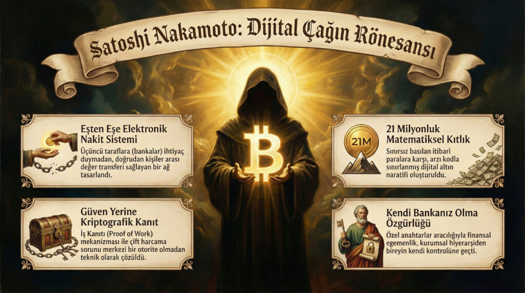 Rönesans tabloları tarzında Satoshi Nakamoto'nun gizemli portresi, arkadan yayılan altın ışık, asa yerine Bitcoin sembolü tutuyor. Yağlı boya dokusu, dramatik gölgeler. Türkçe başlık: 'Satoshi Nakamoto: Dijital Çağın Rönesansı'.