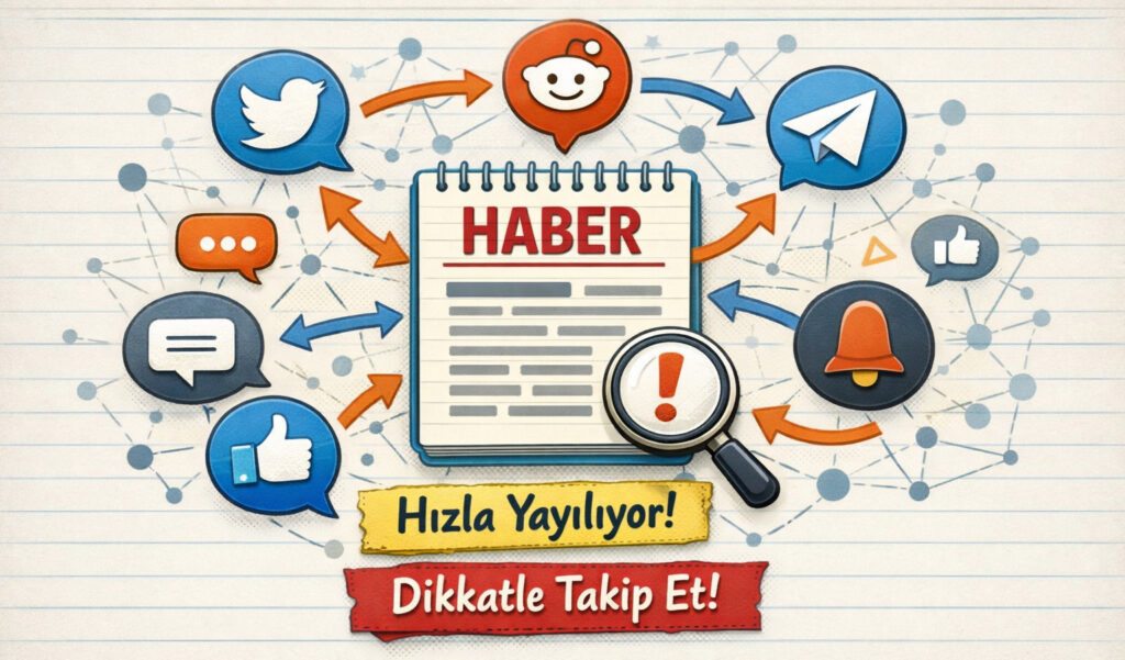 Sosyal medyada bir haberin yayılmasını temsilen bir ağ grafiği. Bir merkezde haber metni, etrafında farklı sosyal medya ikonları (Twitter, Reddit, Telegram) ve haberi dolaştıran oklar, bilginin nasıl hızlı yayıldığını ve dikkatlice takip edilmesi gerektiğini görsel olarak anlatır.