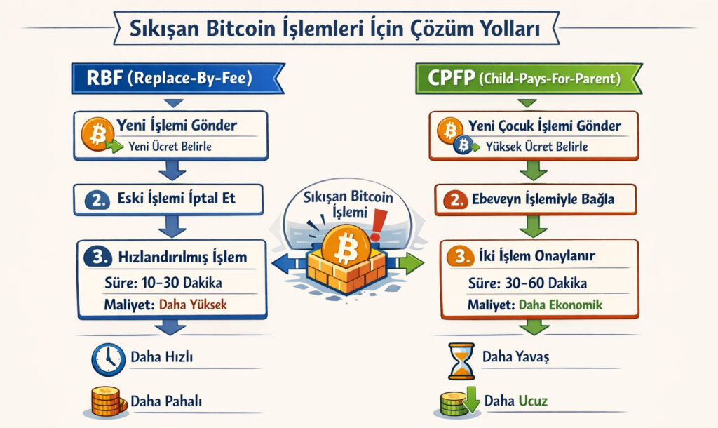 Takılmış Bitcoin işlemleri için RBF (Replace-By-Fee) ve CPFP (Child-Pays-For-Parent) çözümlerini karşılaştıran bir akış diyagramı, adımları, zaman tahminlerini ve maliyet karşılaştırmalarını gösteren, temiz infografik stili ve Türkçe açıklamalarla