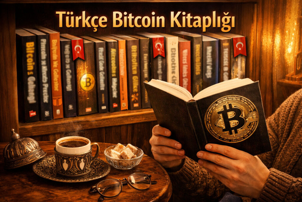Türkçe Bitcoin kitaplarıyla dolu bir kitaplık. Bazılarında Türk bayrağı ayraçları var. Bir kişi Bitcoin kapaklı bir kitap okuyor. Masada rahat bir Türk kahvesi. Sıcak aydınlatma. Türkçe metin: 'Türkçe Bitcoin Kitaplığı'.