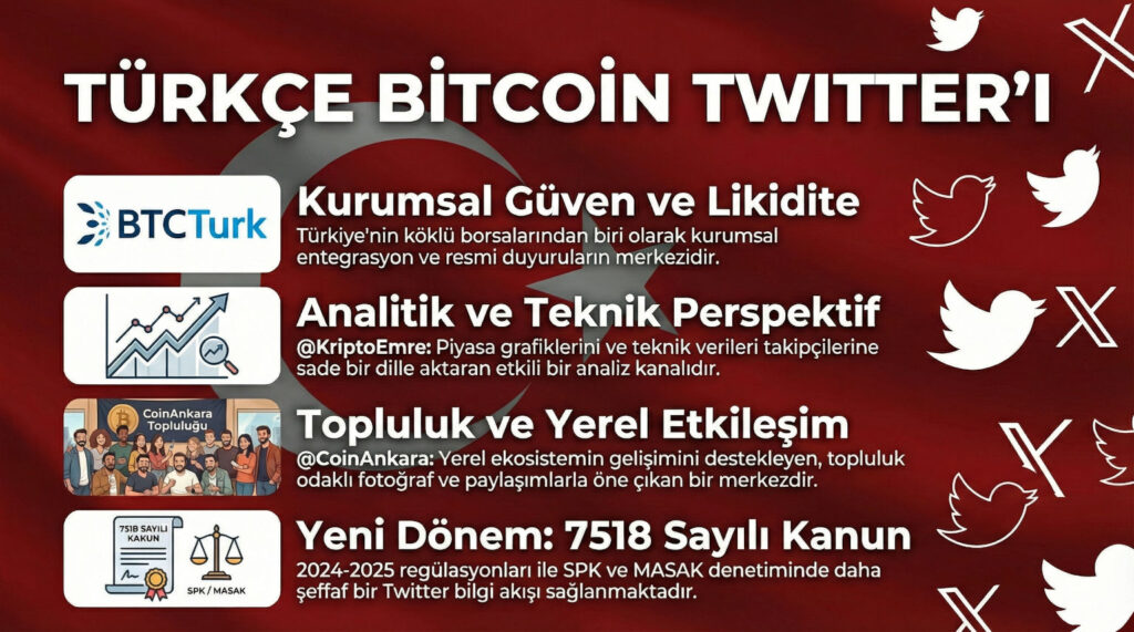 Türk bayrağı arka planı, Twitter kuşu simgeleriyle. Öne çıkan hesaplar: @KriptoEmre grafikle, @BTCTurk logoyla, @CoinAnkara topluluk fotoğrafıyla. Türkçe metin: 'Türkçe Bitcoin Twitter'ı'.