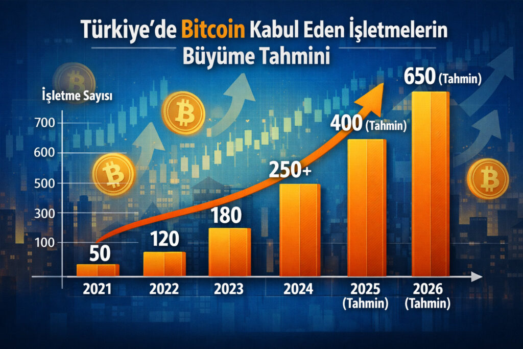 Türkiye'de Bitcoin kabul eden satıcıların 2021'den 2026'ya kadar projeksiyonlu büyüme grafiği. 2021: 50, 2022: 120, 2023: 180, 2024: 250+, 2025 (projeksiyon): 400, 2026 (projeksiyon): 650. Açık yukarı trend. Türkçe etiketler.