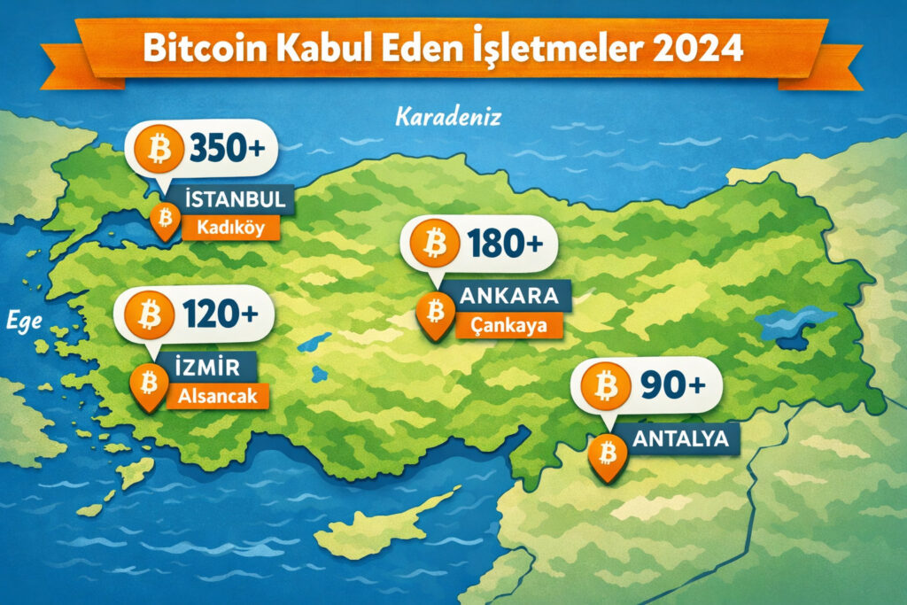 Türkiye'nin detaylı haritası, İstanbul, Ankara, İzmir, Antalya vurgulanmış. Bitcoin simgeleri büyük semtlere yerleştirilmiş: Kadıköy, Çankaya, Alsancak. Satıcı sayısı baloncuklarda gösteriliyor. Temiz infografik stili, Türkçe etiketler: 'Bitcoin Kabul Eden İşletmeler 2024'.