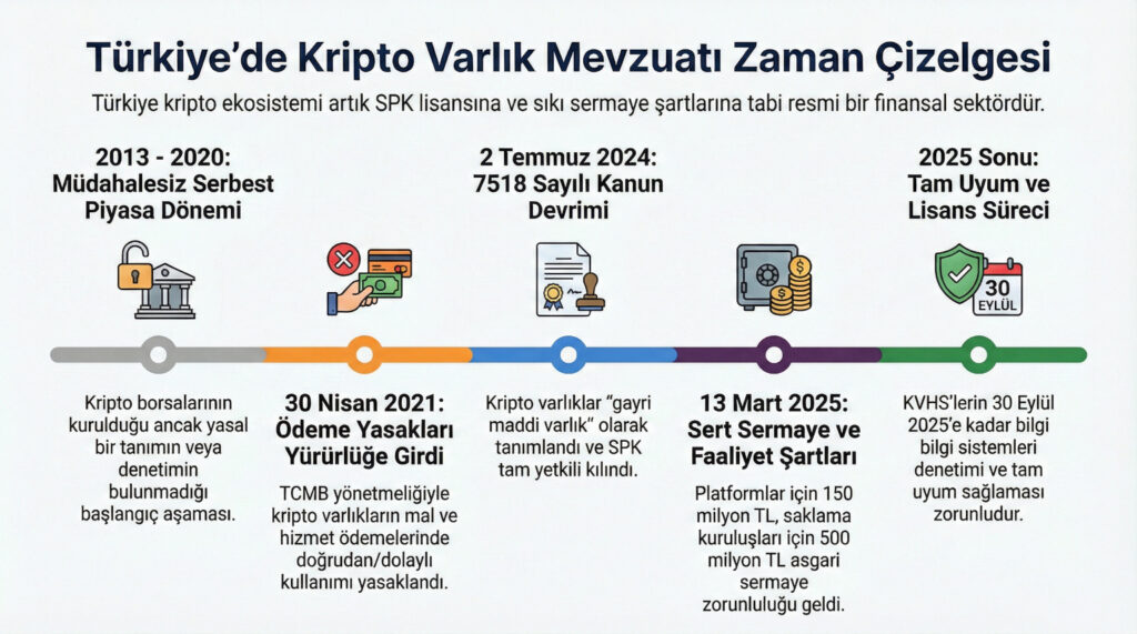 "Türkiye'de Kripto Varlık Mevzuatı Zaman Çizelgesi" başlıklı yatay bir zaman şeridi.