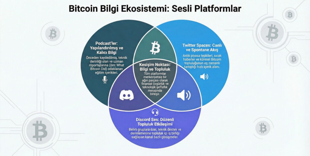 Farklı ses platformlarının örtüşmesini gösteren bir Venn diyagramı: Podcast'ler (önceden kaydedilmiş, yapılandırılmış), Twitter Spaces (canlı, spontane), Discord ses (düzenli, topluluk tabanlı). Bitcoin simgeleri. Türkçe etiketler.