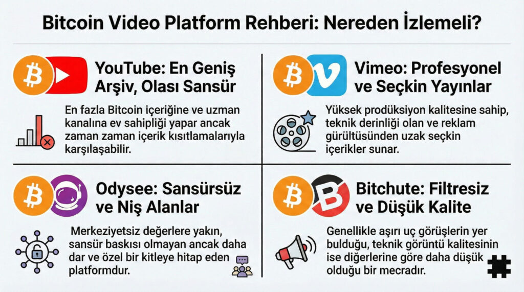 Video platformlarının karşılaştırma tablosu: YouTube (en çok içerik, bazı sansür), Vimeo (profesyonel, küratörlü), Odysee (sansürsüz, niş), Bitchute (aşırı, düşük kalite). Her birinde Bitcoin simgeleri. Türkçe etiketler.