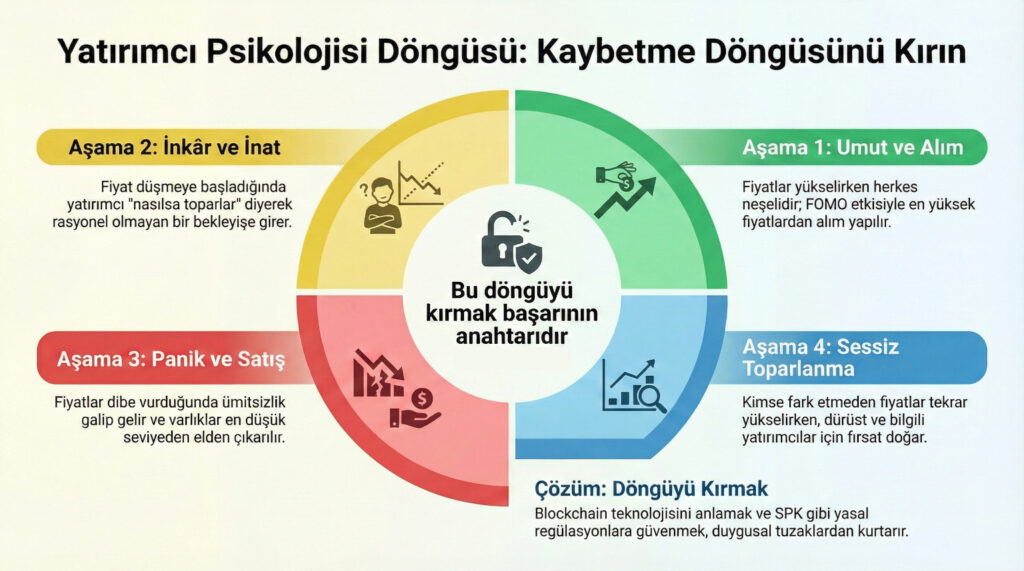 "Yatırımcı Psikolojisi Döngüsü" başlıklı bir döngü şeması. Dört çeyrek gösterilsin: 1) Umut/Alım (Fiyat yükseliyor, herkes neşeli), 2) İnkâr/İnat (Fiyat düşüyor, "toparlar" diye bekleniyor), 3) Panik/Satış (Fiyat dibe vuruyor, herkes ümitsiz), 4) Umut/Alım (Fiyat sessizce yükselmeye başlıyor, kimse fark etmiyor). Bu döngüyü kırmak, başarının anahtarıdır.